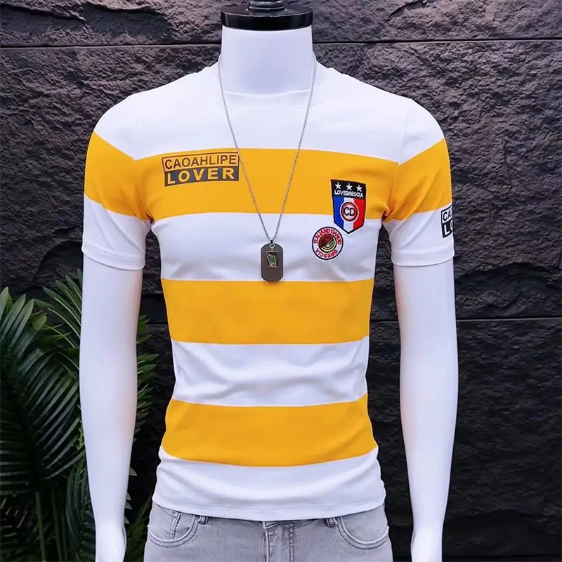 夏季时尚男士短袖T恤韩版修身休闲圆领拼色弹力潮牌个性半袖体恤