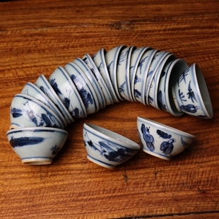 景德镇仿古民窑铁锈斑青花陶瓷品茗杯功夫小茶杯艾灸杯气交杯