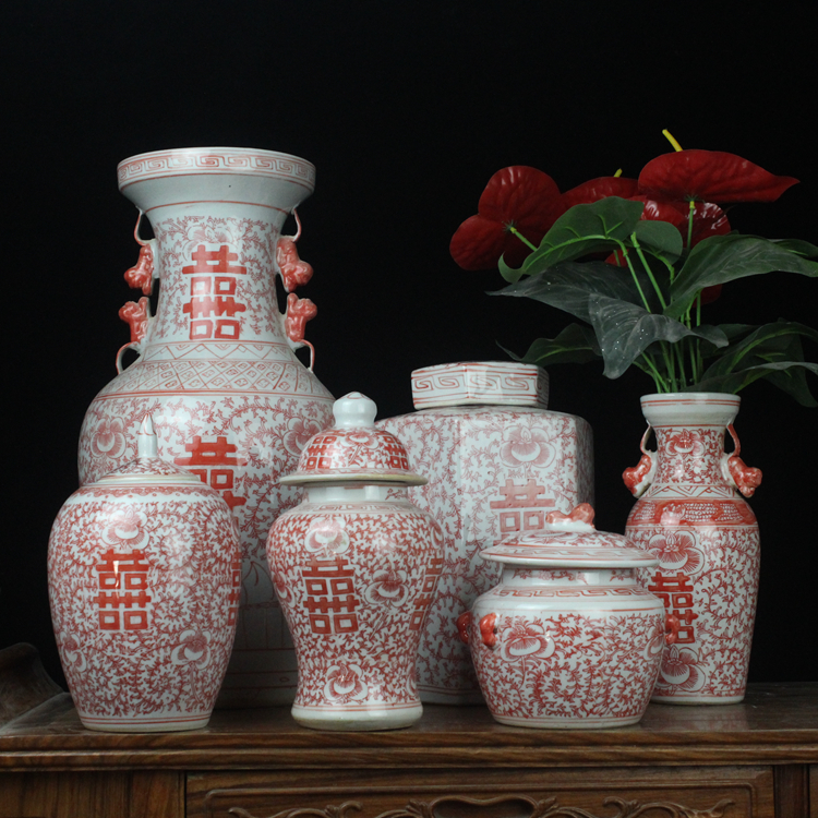 中式复古釉里红古典茶叶罐储物罐装饰器皿内部釉结婚庆家居软装