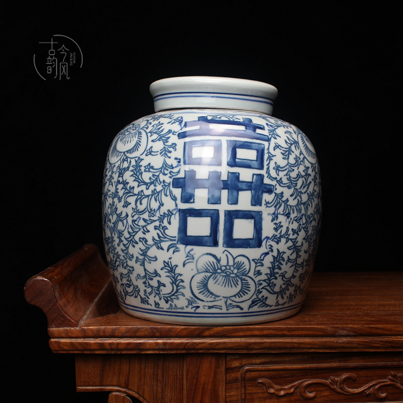 景德镇中式釉下彩双喜青花缠枝莲