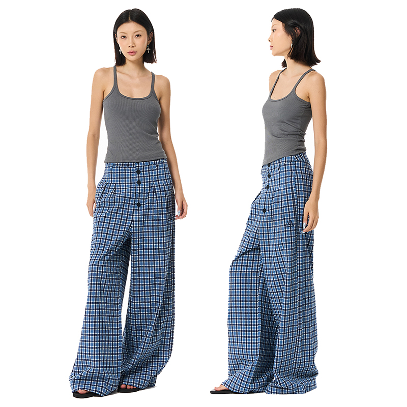 MARMORRIS宽松阔腿泡泡纱格纹裤