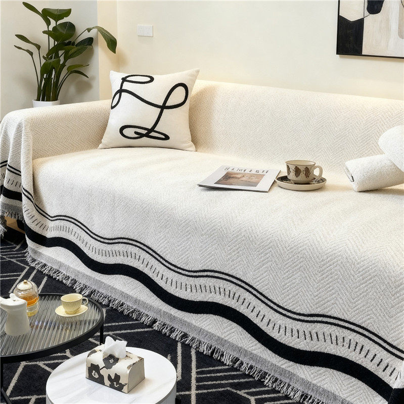 北欧风雪尼尔沙发巾白色流苏边几何纹理百搭简约盖毯沙发盖布条纹,居家布艺,沙发套,淘宝优惠券,粉丝福利购,淘宝优惠卷