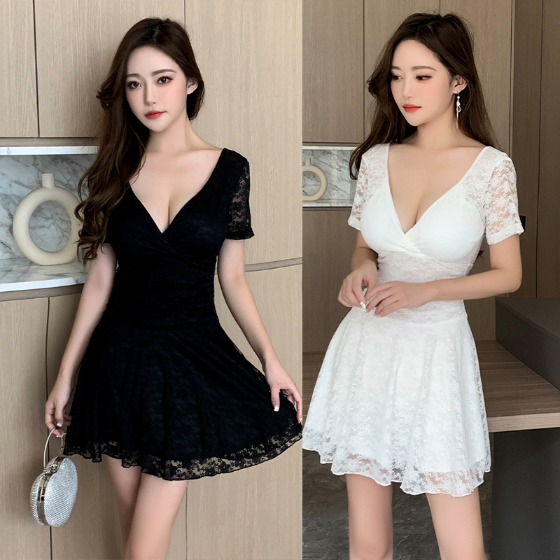 气质遮肚显瘦蕾丝连衣裙性感夜场女装沐足桑拿按摩足浴技师工作服