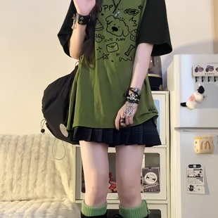 100%纯棉短袖 宽松休闲学生上衣ins 圆领撞色插肩气质T恤女夏季 新款