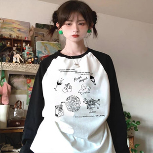 ins上衣 打底衫 休闲时尚 长袖 T恤女学生宽松显瘦可爱设计印花秋冬季