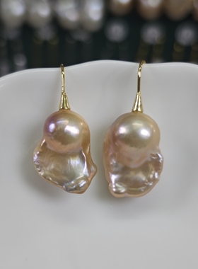 14x19mm浓金色宽尾巴洛克珍珠耳坠(通体925银耳钩)