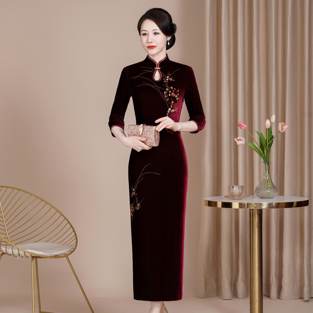 鸿韵绣新款修身改良丝绒旗袍裙大码喜妈妈婚宴礼服长款喜婆婆新款