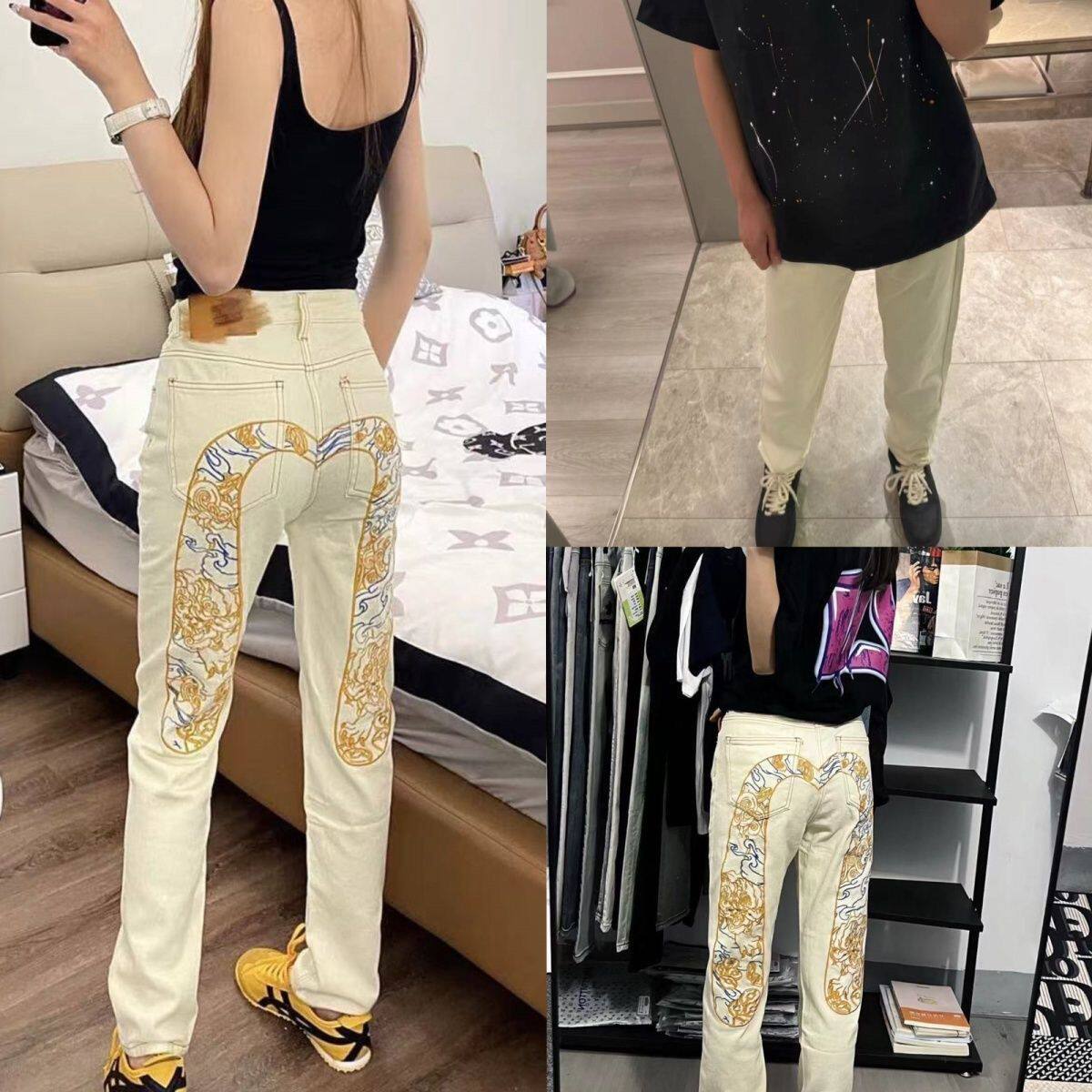 国潮休闲风印花刺绣牛仔裤男女黑色直筒长裤宽松帅气潮流百搭长裤