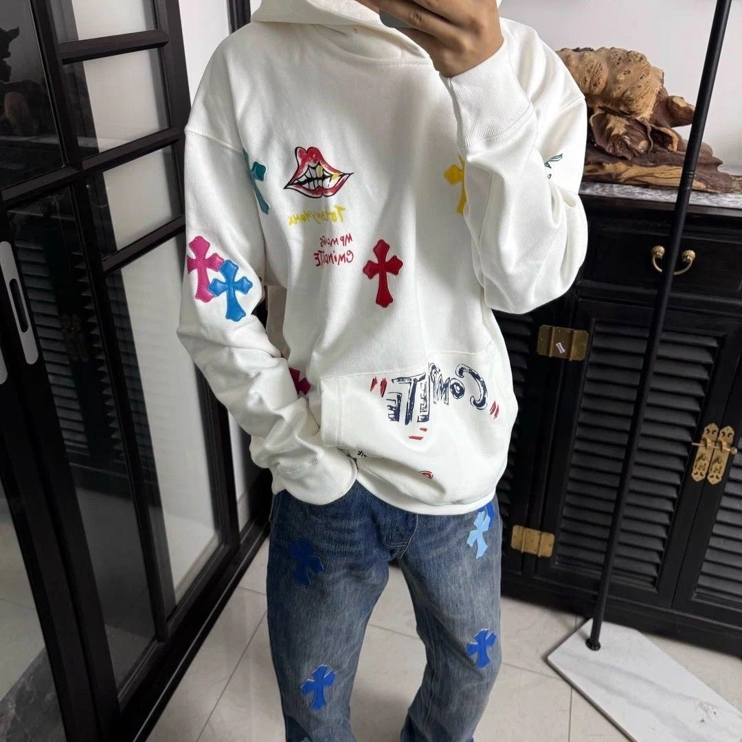 梵文十字架涂鸦刺绣连帽卫衣男