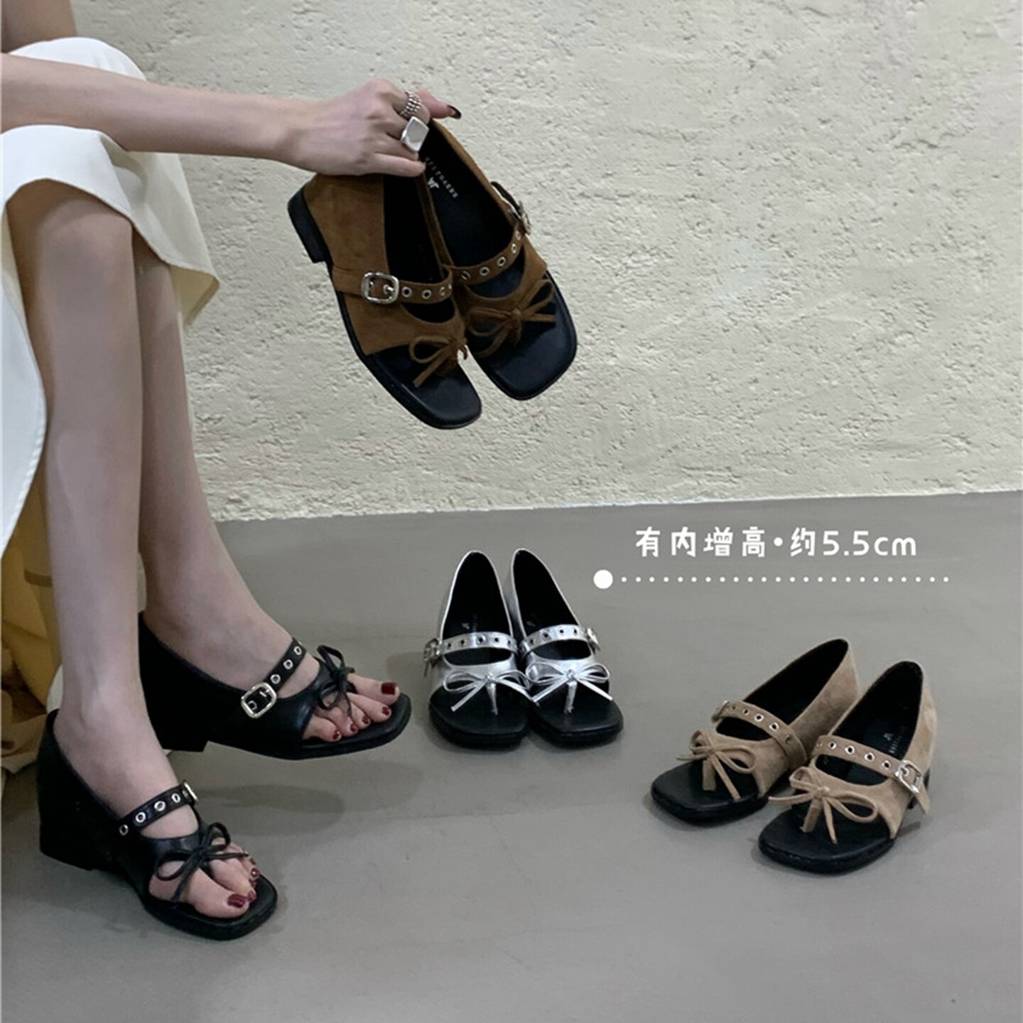 内增高蝴蝶结夹趾凉靴女2