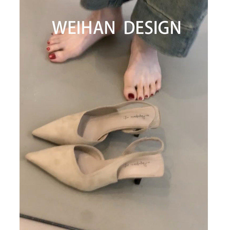 羊皮版！法式尖头绒面高跟鞋女细跟包头凉鞋通勤复古后空浅口单鞋