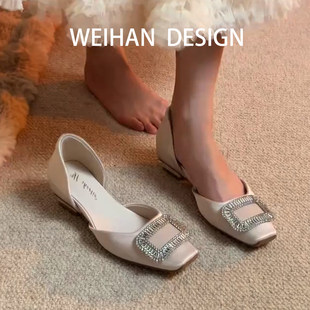 羊皮版！绸缎内增高6cm水钻方扣浅口单鞋女春夏法式透气中空凉鞋