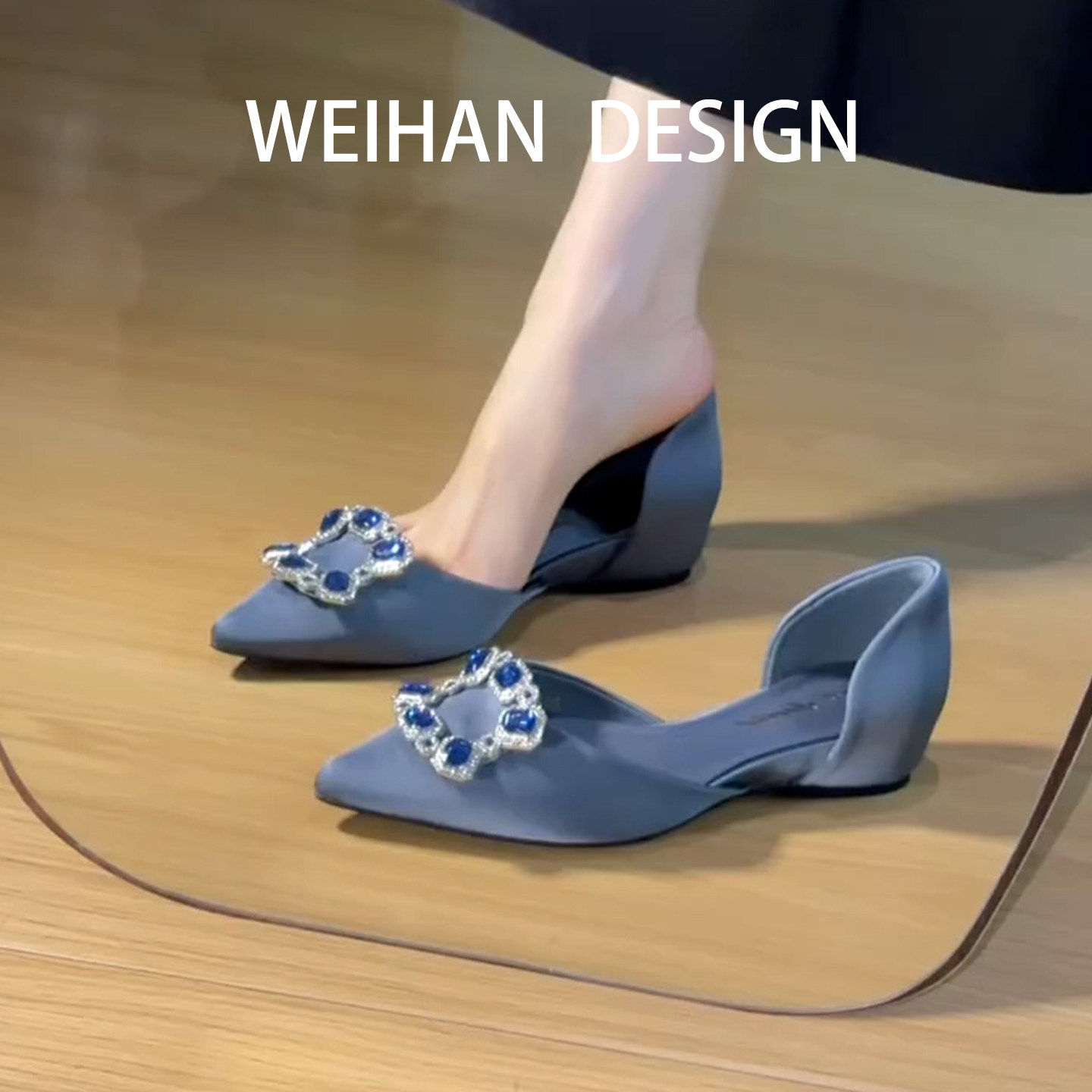 羊皮版！绝美尖头中空平底凉鞋女内增高单鞋水钻方扣浅口瓢鞋外穿