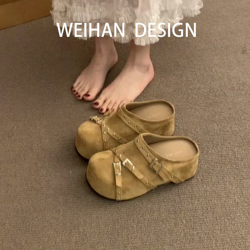 羊皮版！复古铆钉皮带扣包头半拖鞋女外穿一脚蹬穆勒勃肯鞋凉拖鞋