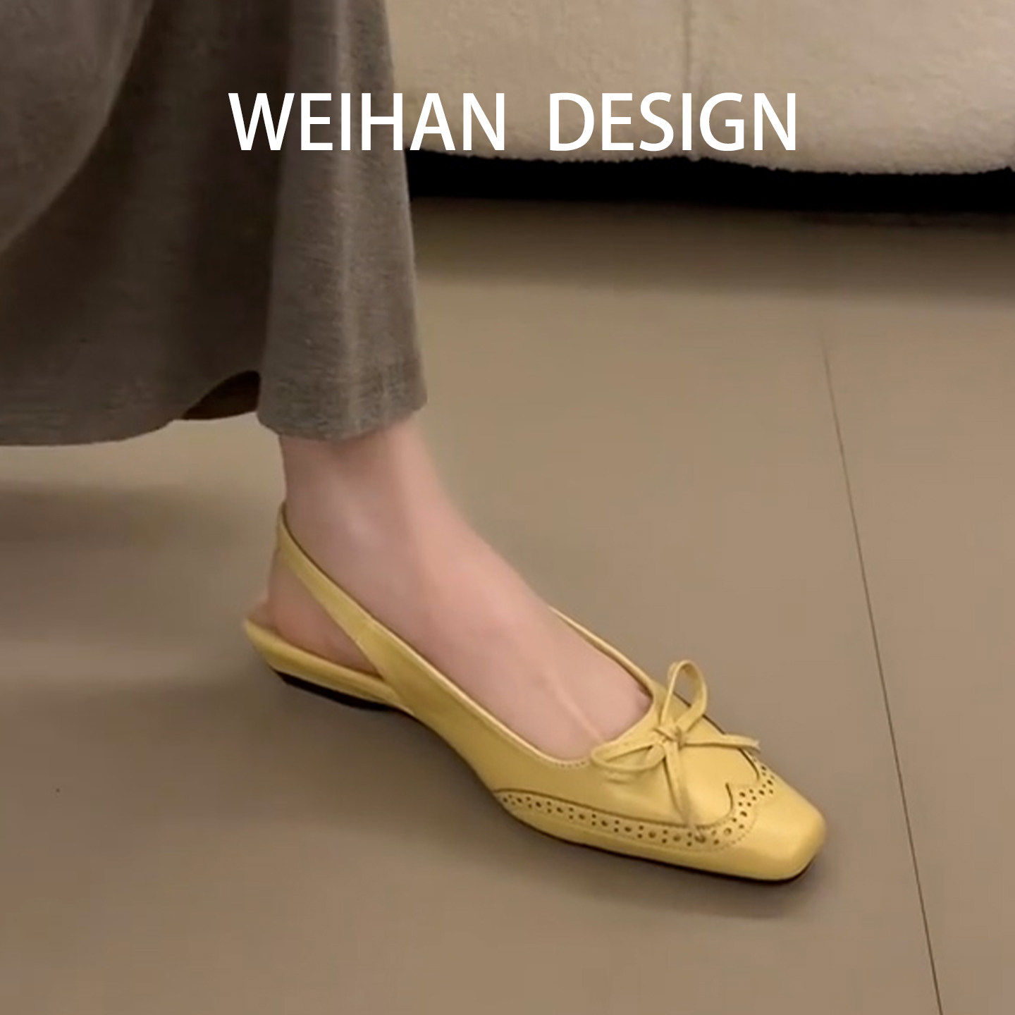 羊皮版！法式雕花包头凉鞋女方头蝴蝶结低跟一字扣带后空浅口单鞋