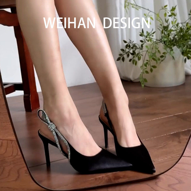 羊皮版！法式御姐风尖头高跟鞋女水钻后绊带细跟浅口气质高跟凉鞋