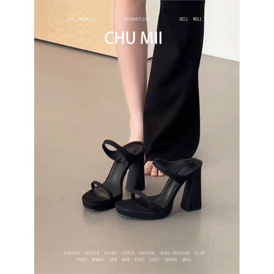 羊皮版~黑色厚底女式超级高跟鞋，防水厚跟露趾凉鞋，时尚单字凉