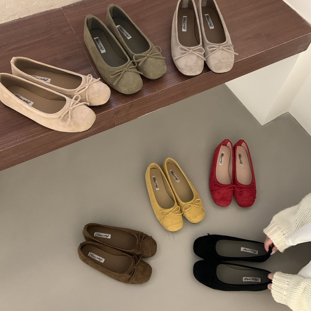 平底韩版绒面方头蝴蝶结