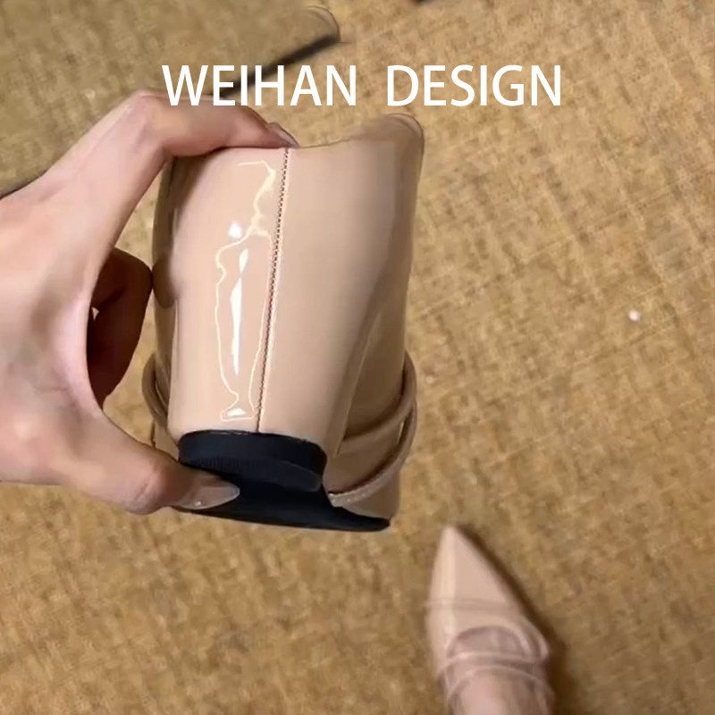 羊皮版！裸色漆皮交叉绑带坡跟鞋女尖头厚底配裙子简约玛丽珍单鞋