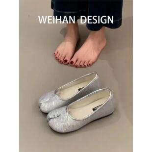 羊皮版!内增高分趾猪蹄软底单鞋春季银色奶奶鞋厚底一脚蹬豆豆鞋