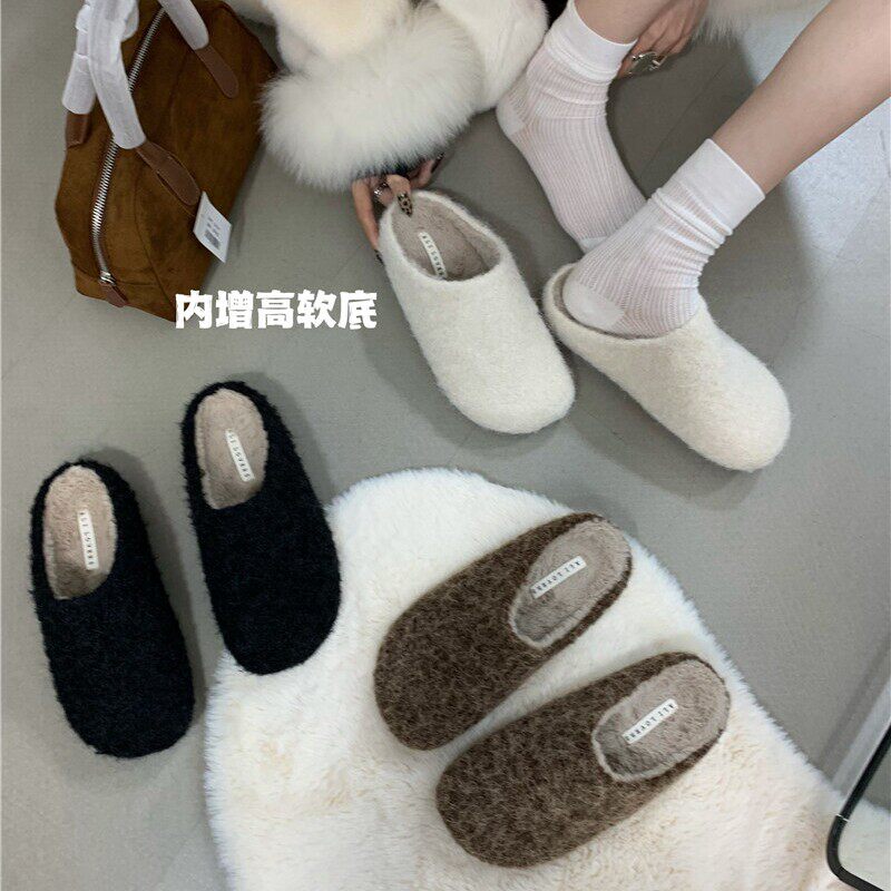 厚底毛毛包头半拖鞋女外穿2024秋冬新款韩版简约保暖加绒棉拖鞋女
