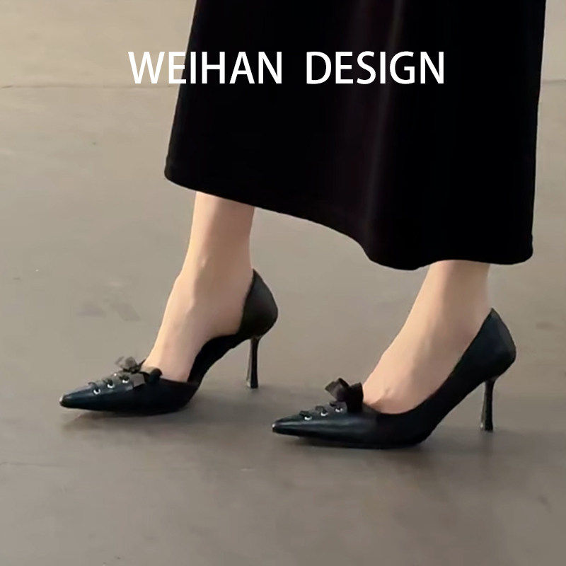 羊皮版！黑色辣妹蝴蝶结高跟鞋女绑带设计感细跟侧空优雅法式单鞋