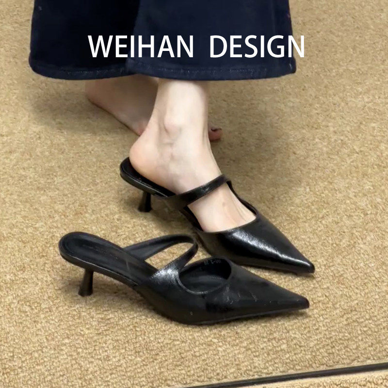 羊皮版！法式尖头复古风细跟单鞋女黑色性感包头半拖一脚蹬高跟鞋