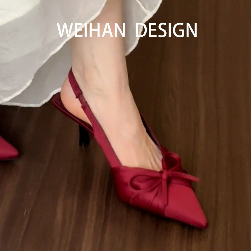 羊皮版！法式气质高跟鞋女红色缎面配裙子尖头包头凉鞋一字带单鞋