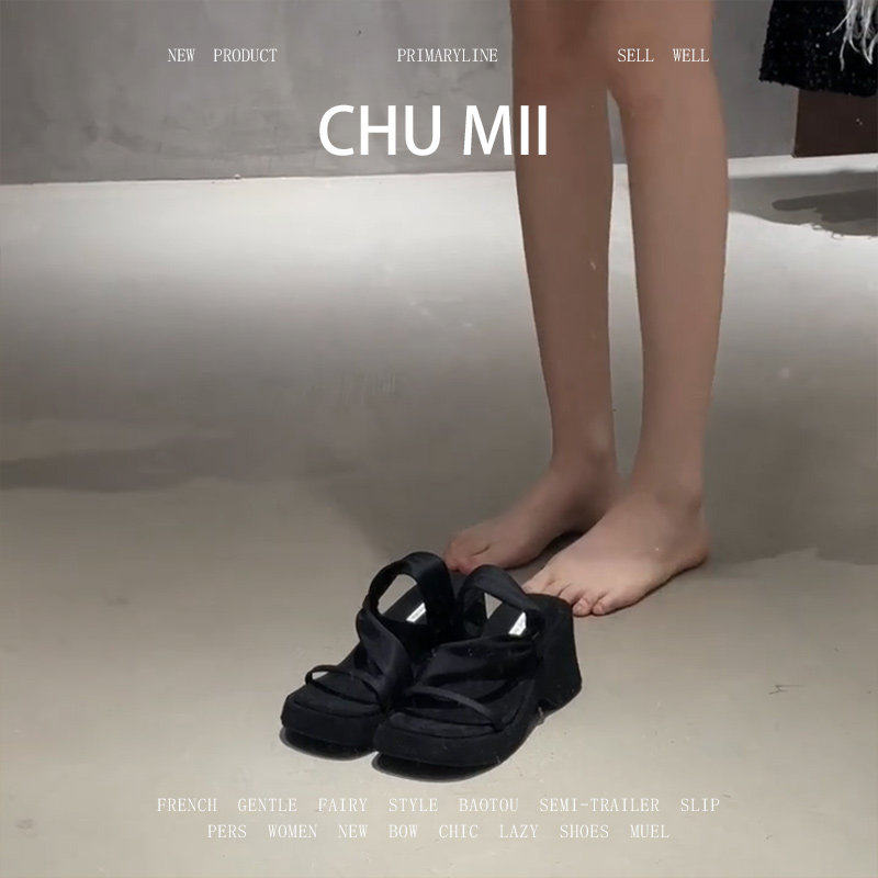 羊皮版~黑色厚底高跟凉鞋女方头休闲 百搭凉拖鞋覆古气质高跟鞋