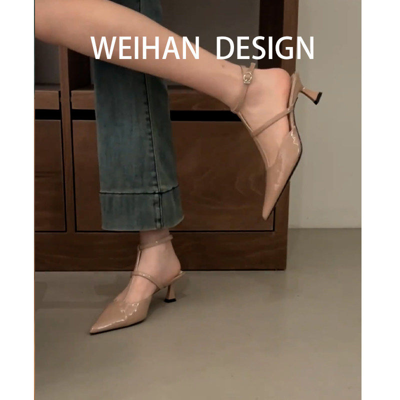 羊皮版！性感漆皮高跟鞋女裸色猫跟尖头后空包头凉鞋气质浅口单鞋