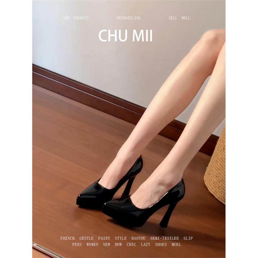 羊皮版~法式气质黑色漆皮尖头高跟鞋女性感御姐风防水台粗跟单鞋