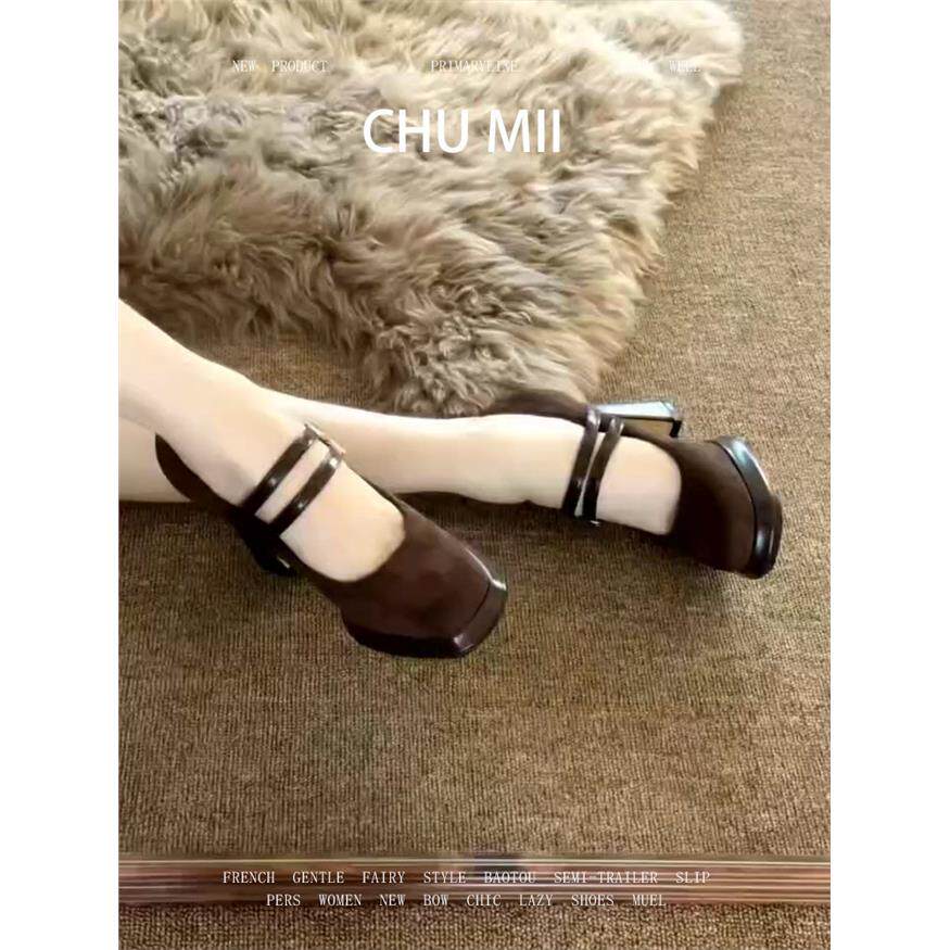 羊皮版~法式高跟玛丽珍鞋女防水台覆古绒面粗跟配裙子浅口单鞋