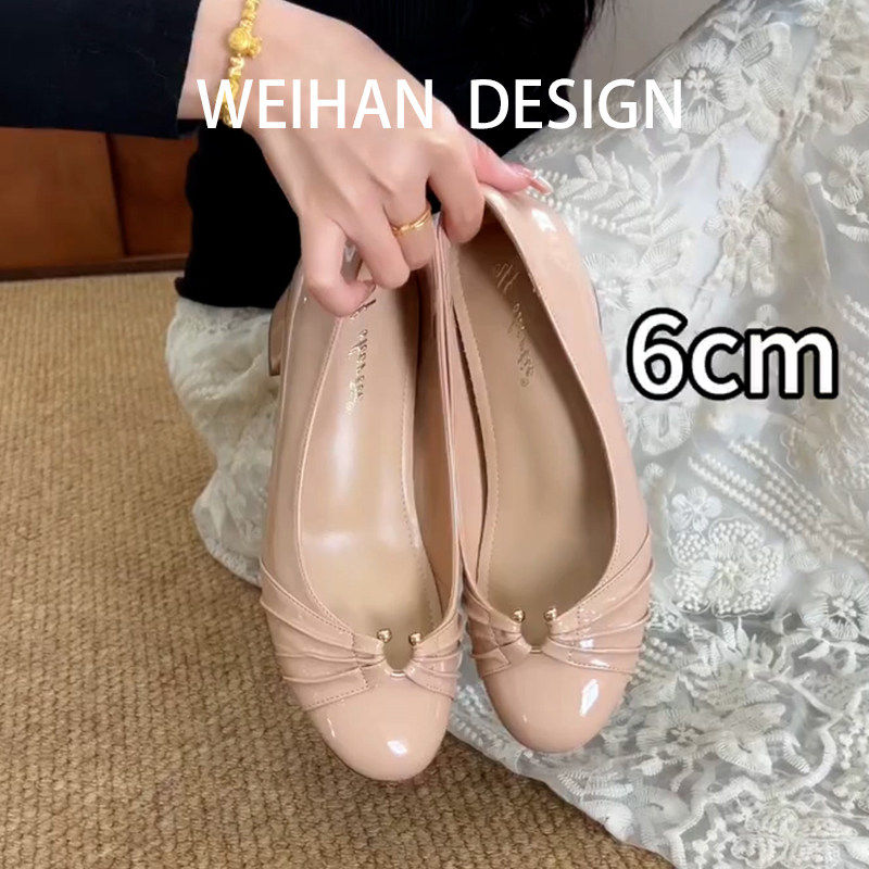 羊皮版~裸色内增高6CM玛丽珍鞋女褶皱粗跟小个子仙女风浅口单鞋