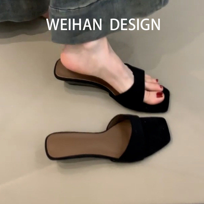 羊皮版！复古黑色坡跟凉拖鞋女外穿方头露趾一字拖鞋简约高跟凉鞋