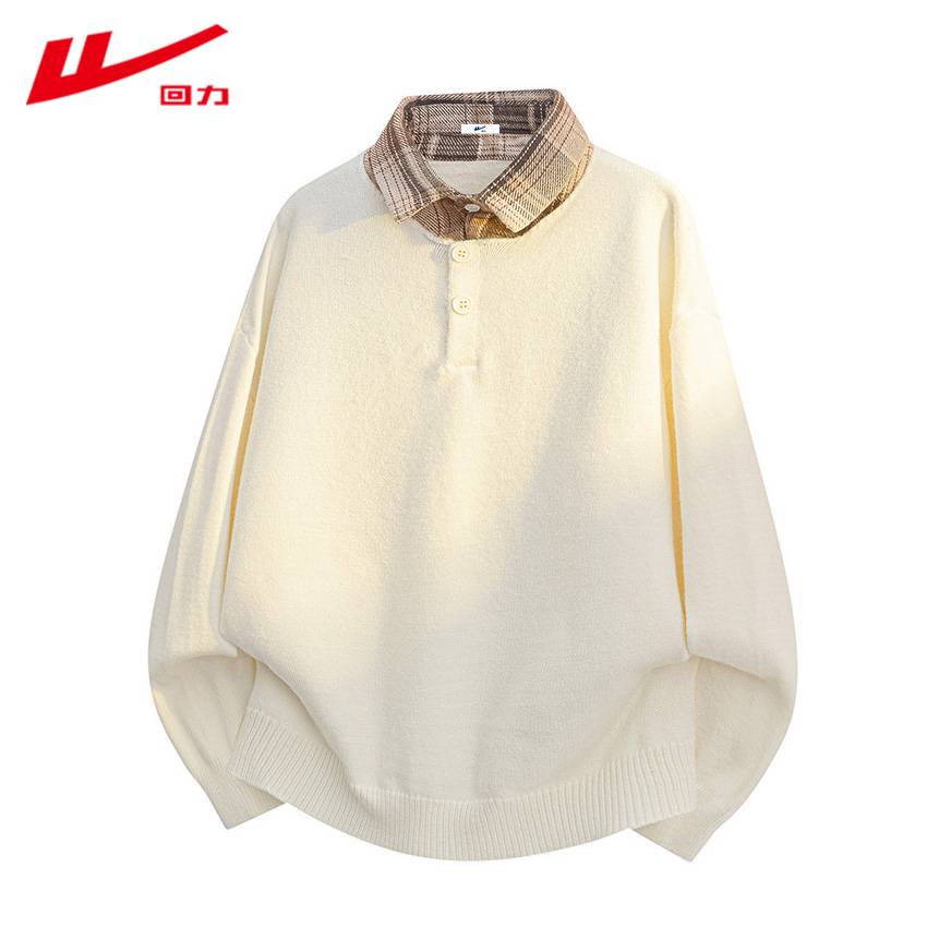 回力美式复古假两件衬衫领针织衫男2025冬季新款休闲百搭保暖毛衣