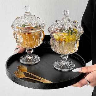 小众中古带盖甜品碗宫廷风浮雕冰淇淋杯玻璃杯高颜值糖水碗酸奶碗