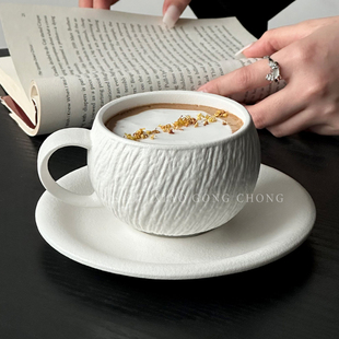 高颜值石纹陶瓷咖啡杯碟套装家用意式拿铁杯早餐杯下午茶拉花杯子