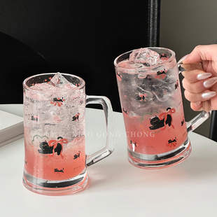 可爱卡通猫咪啤酒杯家用大容量带把玻璃杯扎啤杯精酿酒杯冷饮杯子