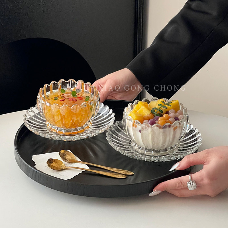 高颜值莲花糖水碗特别好看家用玻璃碗套装ins燕窝盅酸奶碗甜品碗