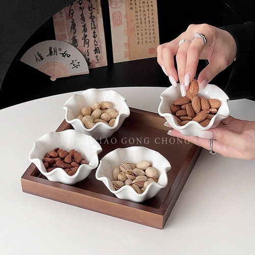 中式复古家用干果盘套装糖果小吃托盘茶点盘收纳木盘分格盘陶瓷碗