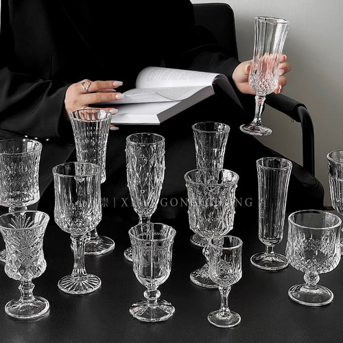 复古浮雕刻花玻璃香槟杯酒杯