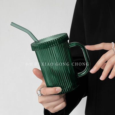 祖母绿复古带盖吸管玻璃杯
