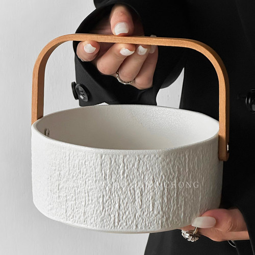 高端创意石纹陶瓷手提果篮水果盘