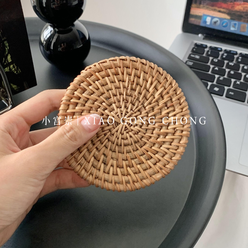 ins手工藤編杯墊編織隔熱墊杯托