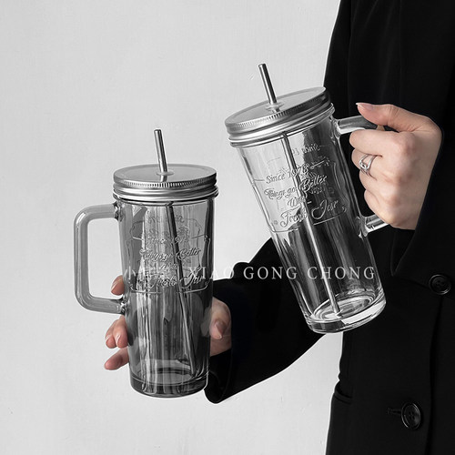 美式带盖带把玻璃吸管杯梅森杯