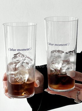ins风超薄玻璃杯子限定蓝色字母拿铁咖啡杯果汁杯柯林杯气泡水杯