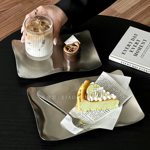 工业风ins不锈钢波浪长方盘咖啡厅餐盘蛋糕甜品盘下午茶杯子托盘
