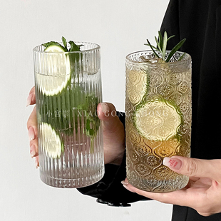 ins海棠花纹玻璃杯小众设计咖啡杯果汁杯冷饮杯家用喝水杯奶茶杯