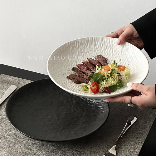 日式高颜值石纹深盘牛排沙拉盘子