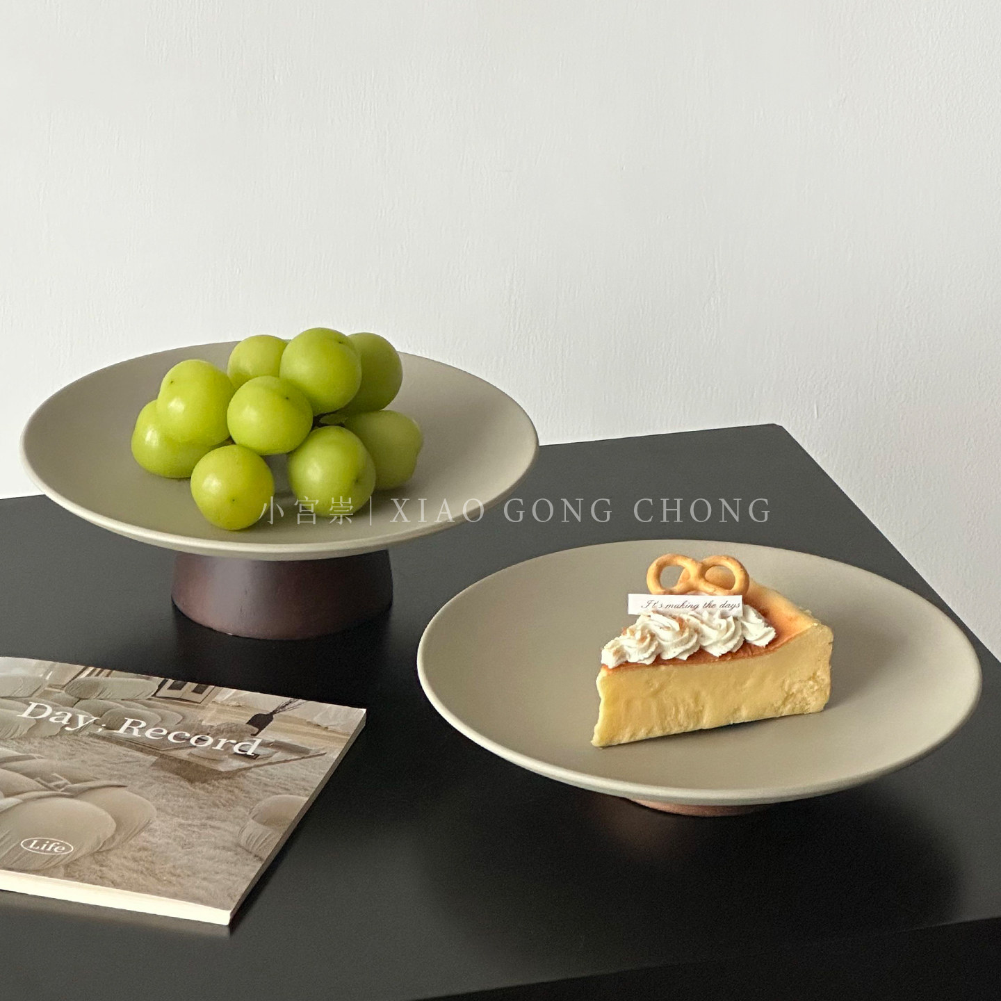 中式木质高脚茶点盘家用精致粗陶水果盘甜品盘零食点心盘干果盘子